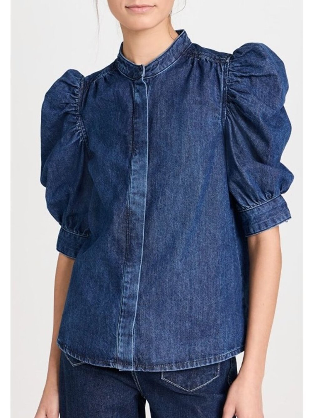 FRAME Gillian Puff Sleeve Denim Shirt Blouse Dark Room Size Small